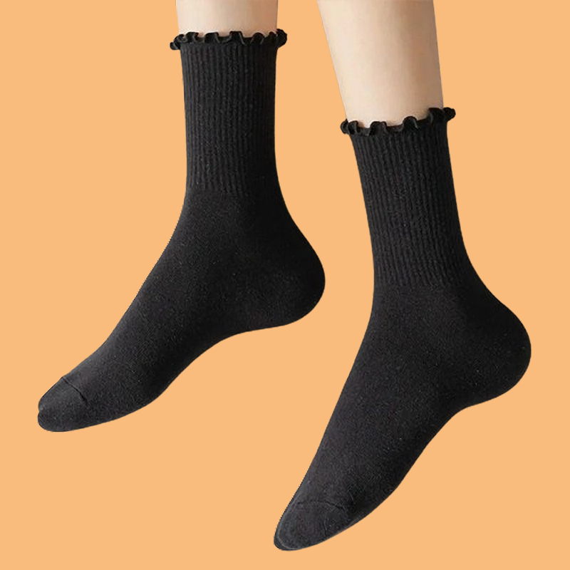 Ruffle Frilly meias para mulheres, Novidade engraçado tornozelo meias, algodão sólido, respirável tripulação meia, preto e branco, bonito moda, 5 pares