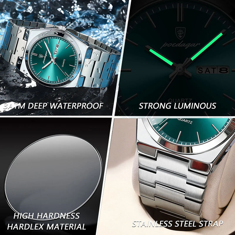 Relógio de pulso de quartzo de aço inoxidável impermeável masculino, relógio luminoso prateado, marca de topo, negócio, luxo, novo
