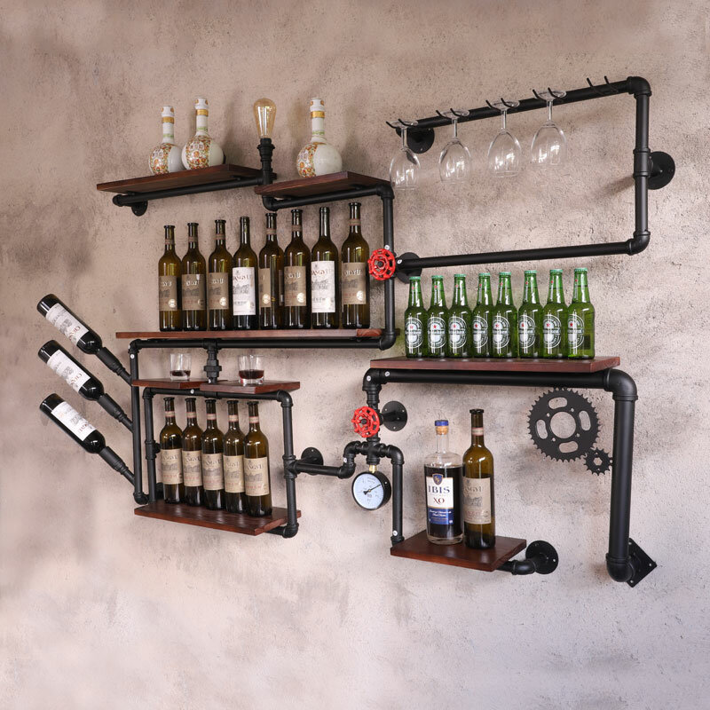 coffee shop bar wine cabinet wine rack Loft retro industrial style shelving shelf wall iron solid wood pipe wall hanging