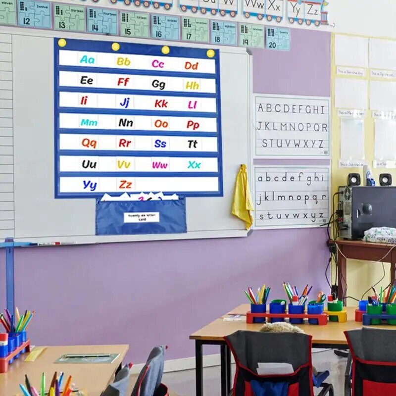 Tabla de bolsillo de tira de frases, tabla de bolsillo estándar de 7 bolsillos para centros de aula, tabla de bolsillo colgante azul para aula