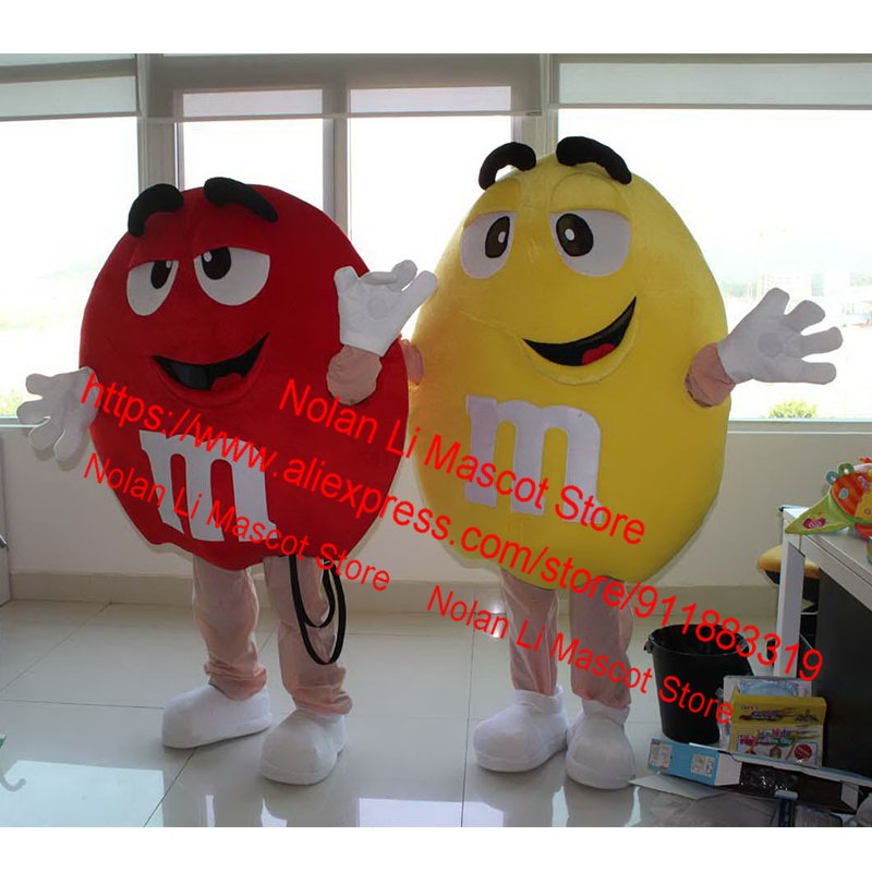 Hoge Kwaliteit Rode En Gele Chocolade M Bean Mascot Kostuum Snoep Cartoon Anime Cosplay Maskerade Festival Event 597