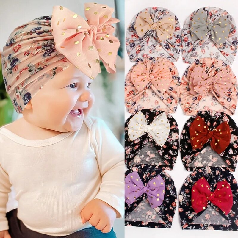 Adorável Shiny Bow Knot Hat para Baby Girl, Turbante impresso para crianças, chapéus infantis, bonés para criança, acessórios para recém-nascidos