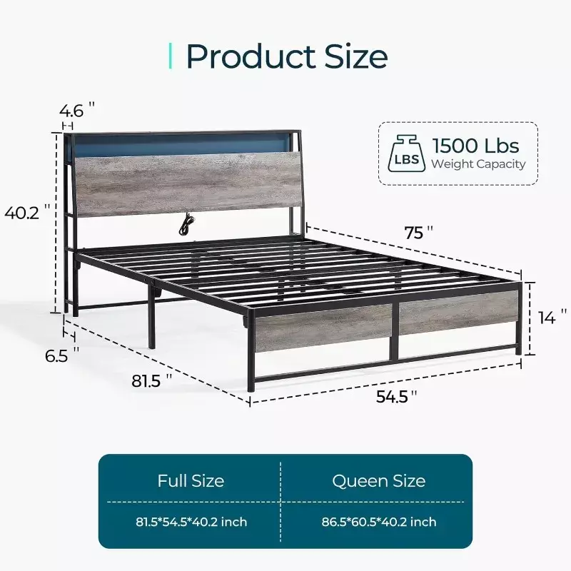 Full Size Bed Frame with Ergonomic Headboard & RGB Lights, Platform Metal Bed Frame with Outlets & Charger