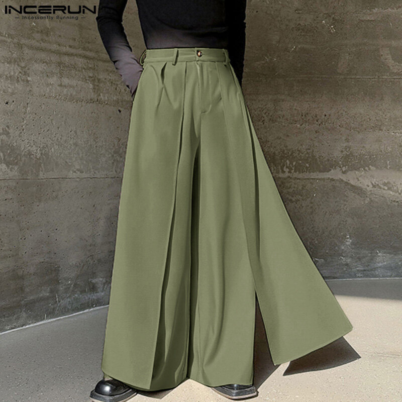 INCERUN 2024, брюки в Корейском стиле, новинка, мужские брюки с широкими штанинами, Повседневная Свободная Однотонная юбка, женские брюки