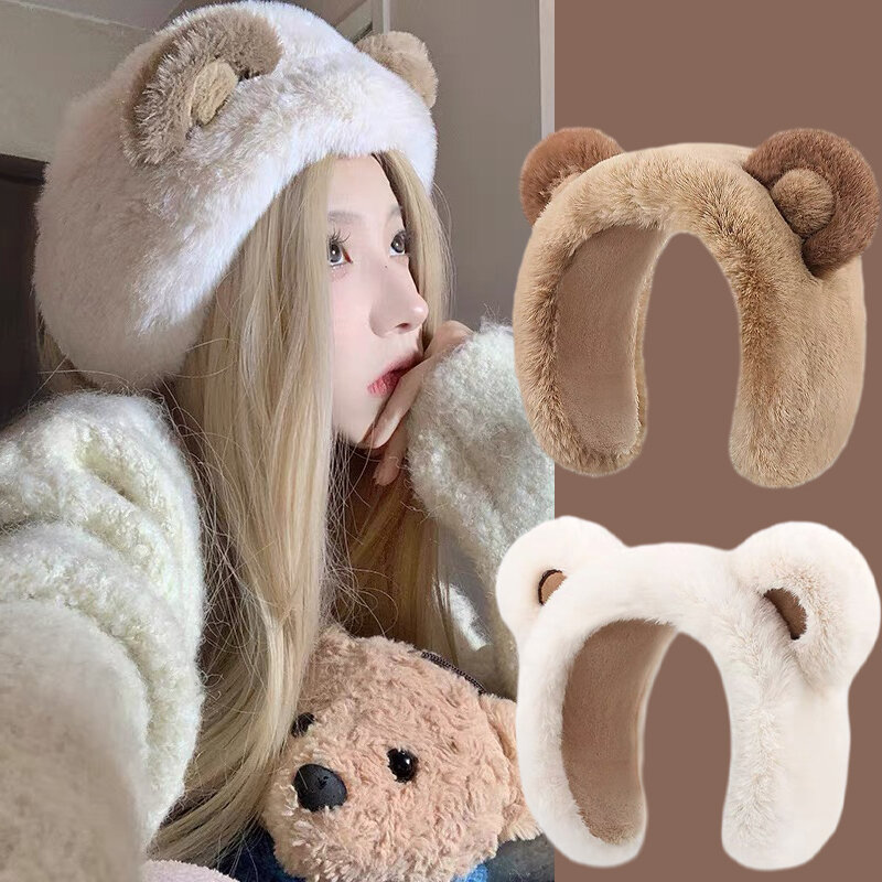 Cartoon Earmuffs Winter Fluffy Plush Thicken Cute Bear Ears Warm Hair Band Makeup Hair Hoops Women Fashion Ear Protection Cover