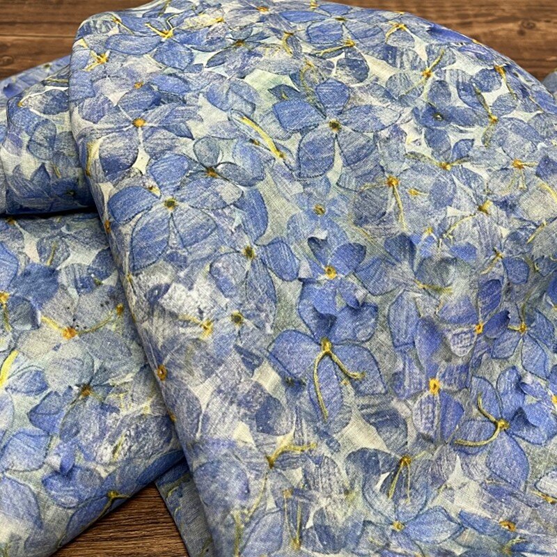 Fresh Floral Soft Blue Ramie Dress Fabric Loose Women's Wear Robe Cheongsam