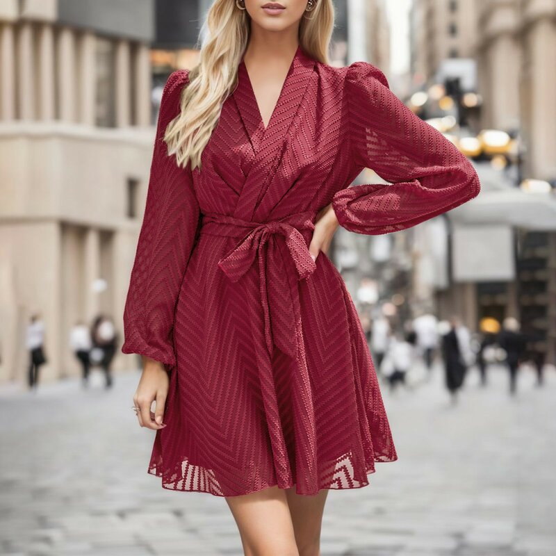 Gaun tenun Jacquard warna Solid tembus pandang untuk wanita musim gugur gaun Mini elegan kantor wanita lengan pendek leher-v lengan Puff berenda