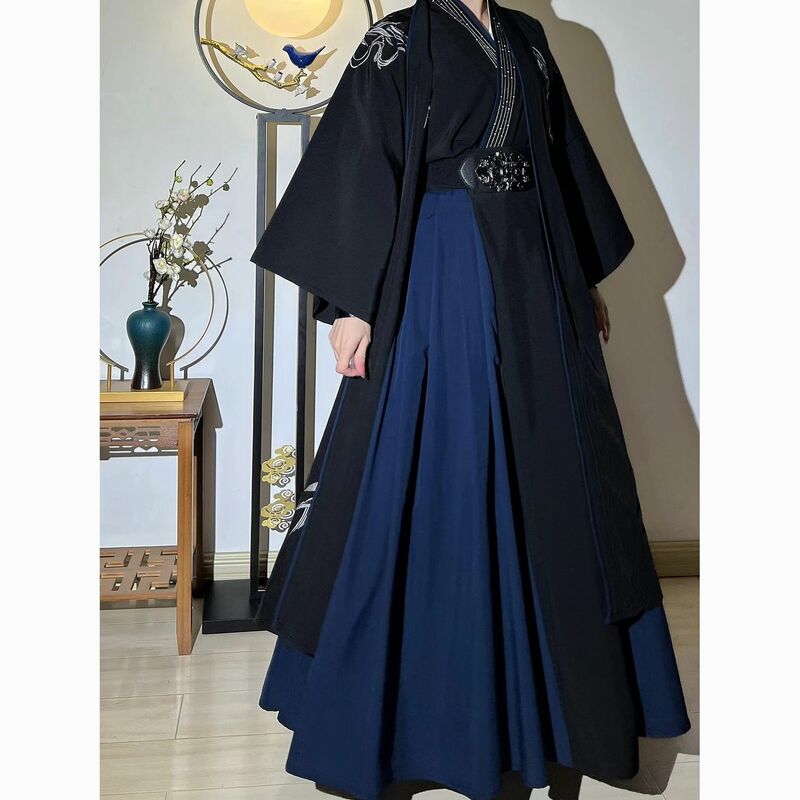 ฮั่นฝูสีดำสไตล์จีนดั้งเดิมเสื้อผ้าผู้ชายปักลายเพลงราชวงศ์โอเวอร์แบล็คเท่หล่อชุดวัยรุ่น