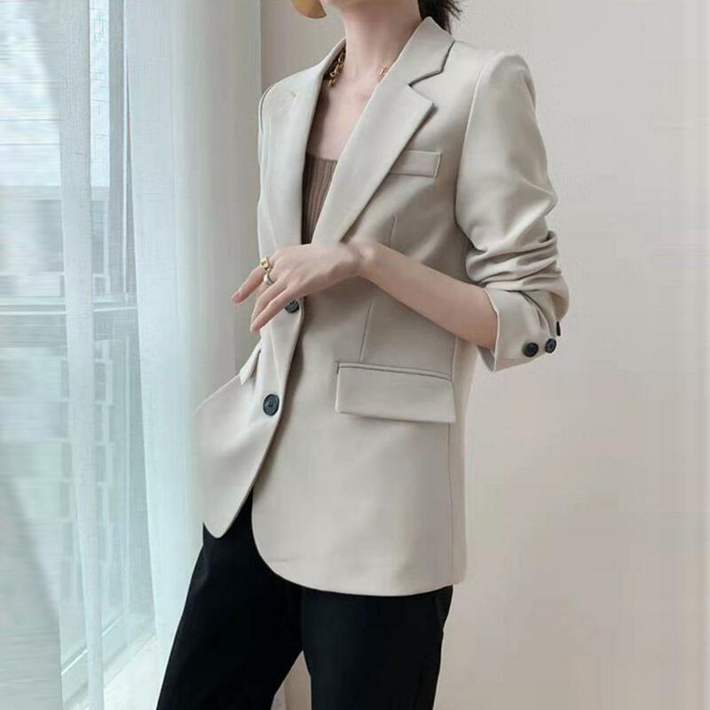 Setelan bisnis wanita bergaya Formal, mantel warna Solid, kerah Turn-down, dekorasi kancing Single-breasted untuk kantor