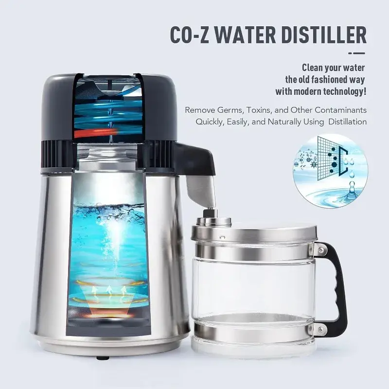HAOYUNMA 4L Brushed 304 Stainless Steel Home Countertop Distiller Water Machine, Distilled Water Maker with Glass Pot