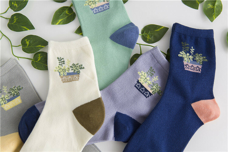 Calcetines de algodón de longitud media para mujer, versión coreana de estilo Sen, maceta de flores frescas, todo de algodón