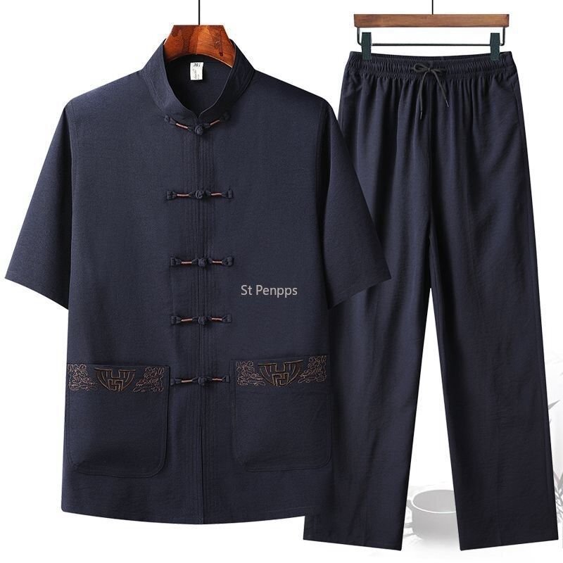 ชุดจีนชุดแขนสั้นผ้าไอซ์ซิลค์สำหรับผู้ชายชุดสูทฤดูร้อนชุดคุณปู่ปักลายพ่อวัยกลางคนและผู้สูงอายุ