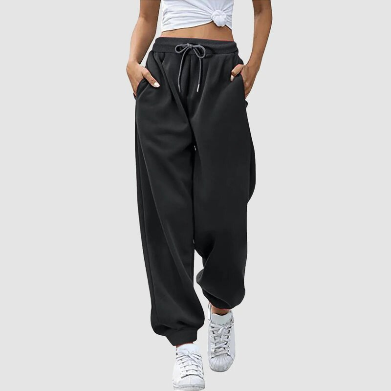 ポケット付きの女性用単色スウェットパンツ、ハイウエスト、ドローストリング付きのカジュアルパンツ、伸縮性のあるウエスト、ルーズロングパンツ、ファッション
