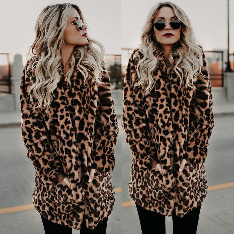 2023 Faux Fur Coat Women New Winter Fashion Leopard Print Outerwear Warm Long Sleeve Artificial Fur Jacket Plush Clothing S-5XL