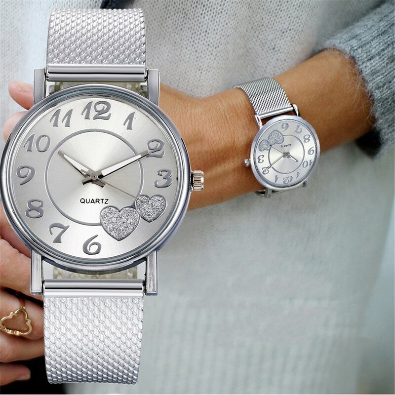 Ladies Mesh Belt Quartz Watches All-Match Creative Fashion Heart Watch For Gift Daily Casual Date Matching Wristwatches