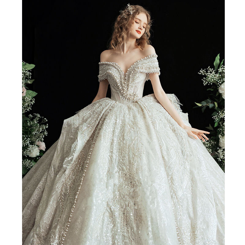 Женское бальное платье с блестками и стразами, свадебное платье с блестками и жемчугом, роскошное свадебное платье с открытыми плечами, свадебное платье