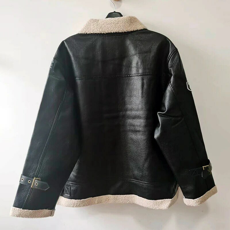 Jaqueta de inverno de couro do falso feminino com forro de pele de cordeiro 2023 coreano nova moda preto plutônio casaco quente engrossar shearling solto outwear