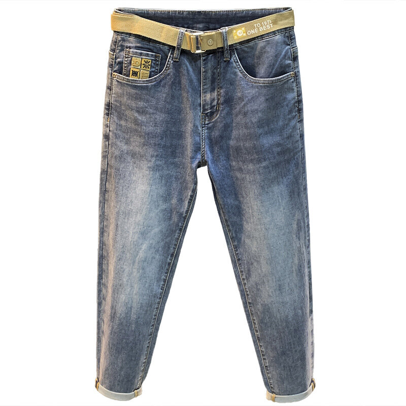 Jeans cropped masculino de cor clara, calça lápis bordada fina e alta qualidade, casual slim fit, calça stretch, verão, nova, 2024