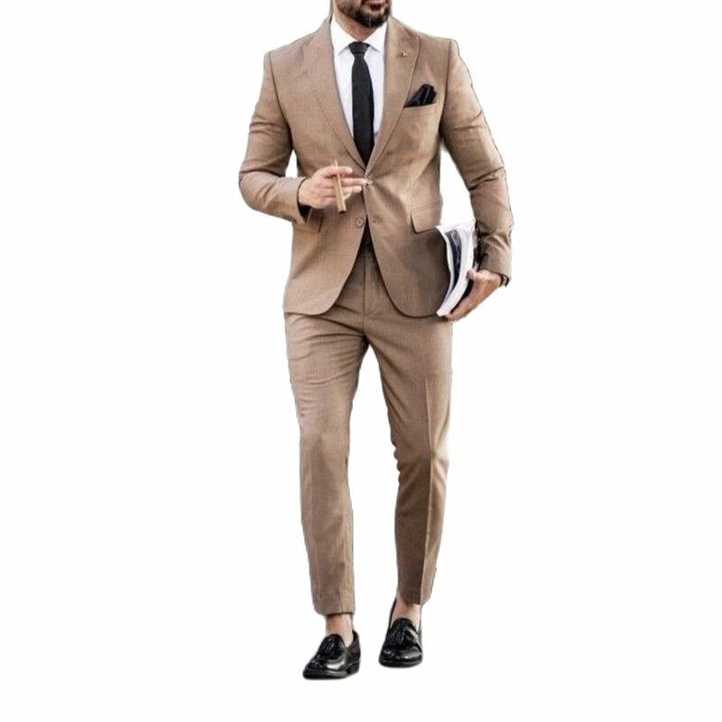 Caqui magro ajuste masculino ternos de casamento noivo wear smoking pico lapela blazer personalizado conjuntos de duas peças jaqueta + calças de hombre