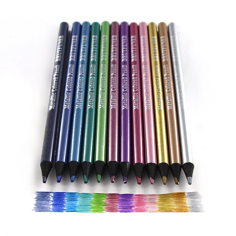 Brutfuner-lápices de colores metálicos de 12 colores, juego de dibujo de bocetos, lápiz de Color de madera suave para colorear, suministros de arte para estudiantes de escuela