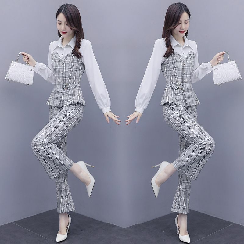 ชุดสูท2024ใหม่เกาหลีสำหรับผู้หญิงชุดเดรสสองชิ้นสำหรับฤดูใบไม้ผลิและฤดูใบไม้ร่วงหรูหราทันสมัยลดอายุ