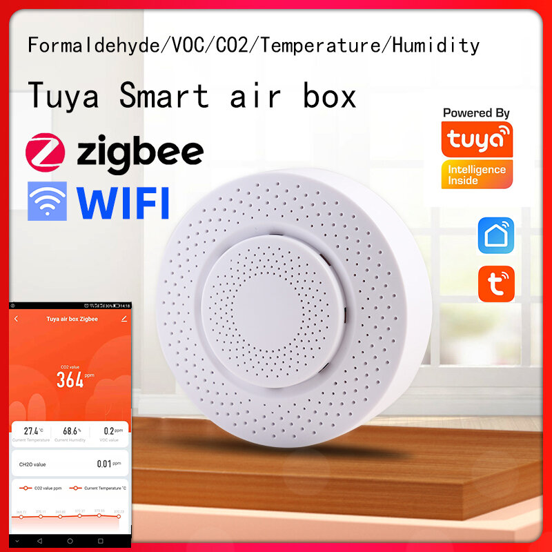 Zigbee/WIFI Tuya Smart Air Box rilevatore di anidride carbonica sensore di Gas CO2 formaldeide VOC sensore di umidità della temperatura controllo App