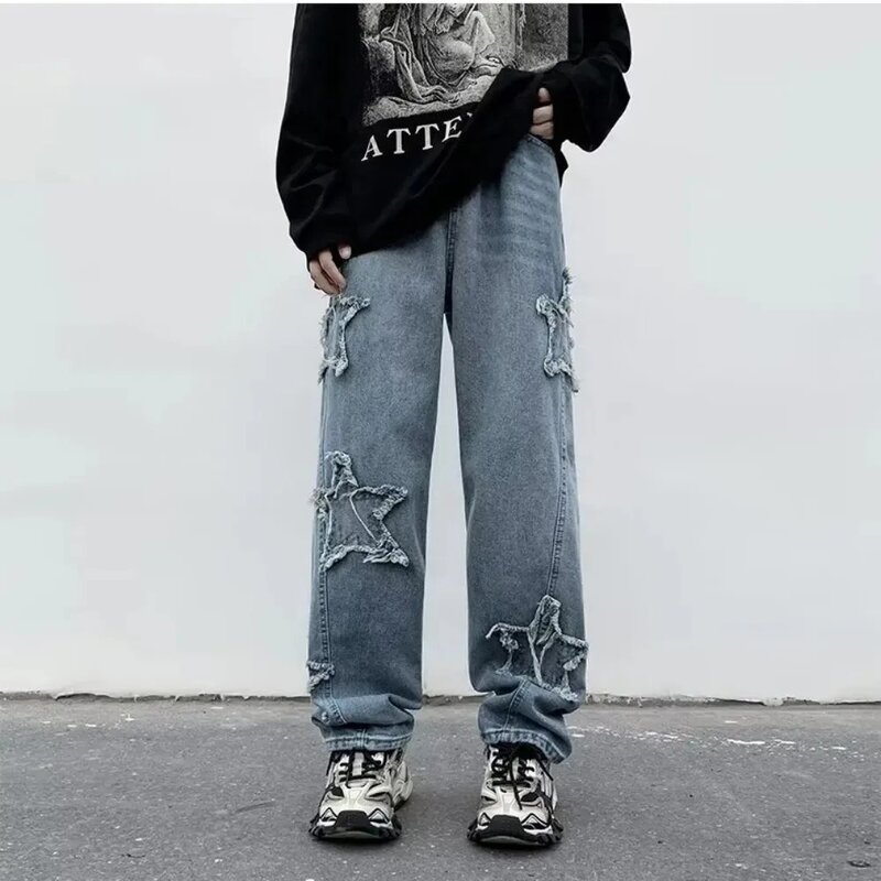 Модные мешковатые штаны с вышивкой в виде звезд, новинка 2024, мужские джинсы, одежда, Прямые хлопковые брюки в стиле хип-хоп, джинсовая уличная одежда