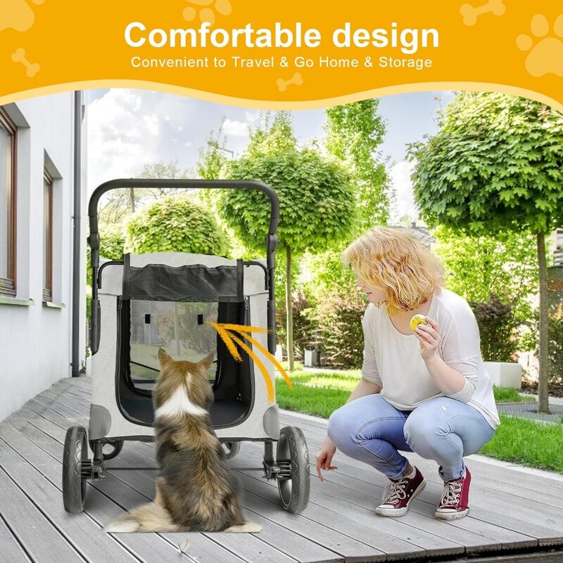 Passeggino per cani Extra Large per cani di taglia grande con 4 ruote, manico regolabile e rete traspirante e Design riflettente