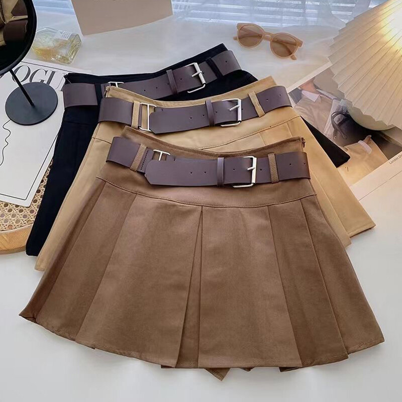Solid Belt Mini Skirt Women Streetwear High Waist Black Pleated Skirts Preppy Korean Fashion Casual All Match A Line Skirt New F