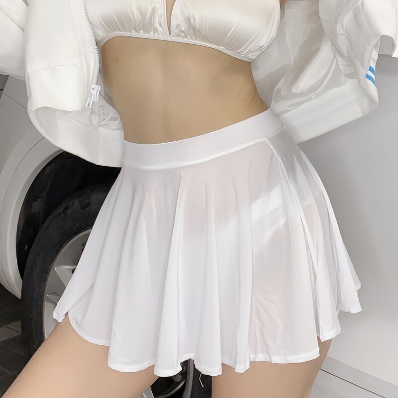 Mini saia plissada transparente sexy para mulheres, preto, branco, cintura baixa, linha A, longa, seda, roupa de clube noturno, festa