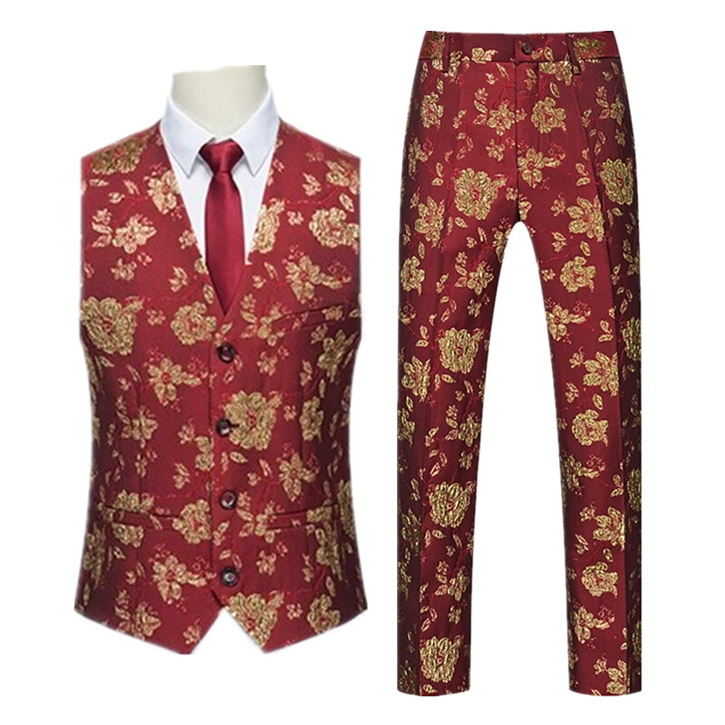Colete e calças Jacquard bordado para homens, vermelho, verde, preto, branco, azul, colete com calças, conjunto de festa de casamento, 2 peças