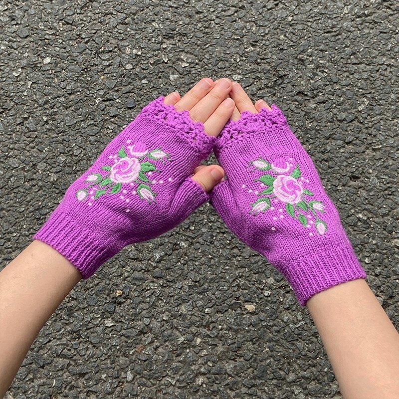 ถุงมือถักแบบถักสำหรับผู้หญิงถุงมือแบบเปิดนิ้วลายดอกไม้แนววินเทจสำหรับฤดูหนาว