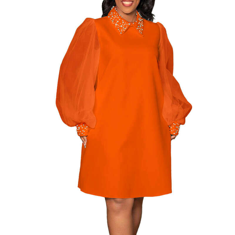 2023 African Dresses for Women Summer Elegant Part Dress OL Beaded Robe Femme Sexy Mesh Sleeve Midi Dress Africa Clothing