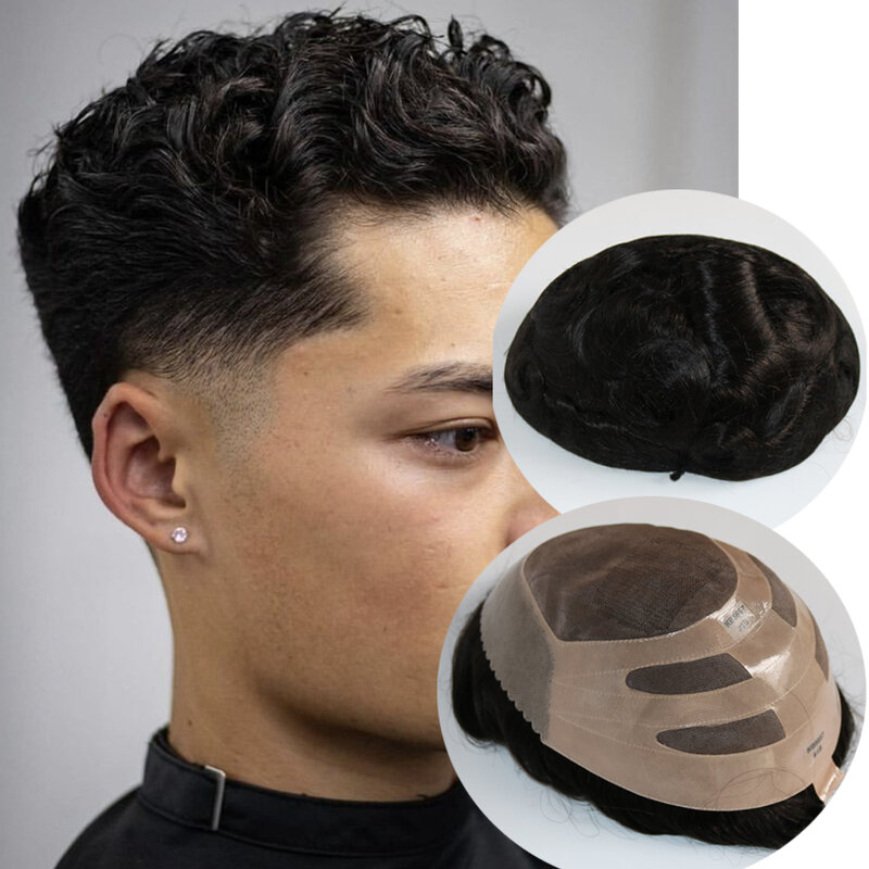 #1 Color High Quality Human Hair Man Toupee Bond Hair Unit Lace With NPU Men Hair System Replacement Durable And Breathable Sale