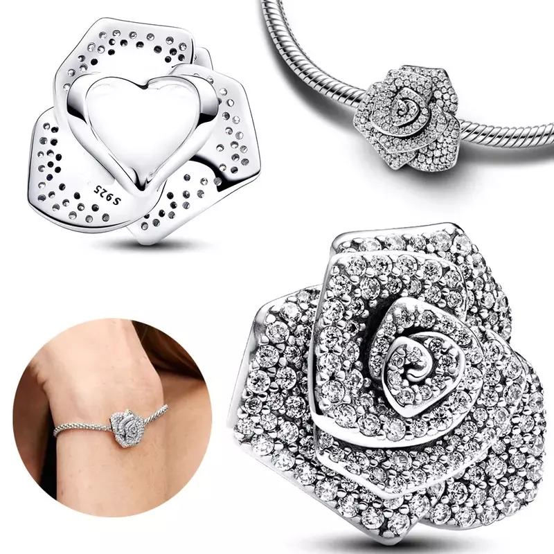 Grand Rose Bloom Collection Fit Original Pandora Charm, collar de cuentas, pendientes, regalo de fabricación de joyas para mujer, Plata de Ley 925