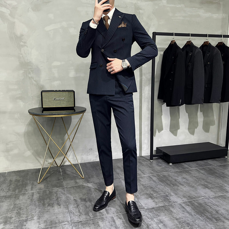 2-A14 Double slit striped suit men's suit youth slim Korean style casual suit jacket trendy groom wedding dress