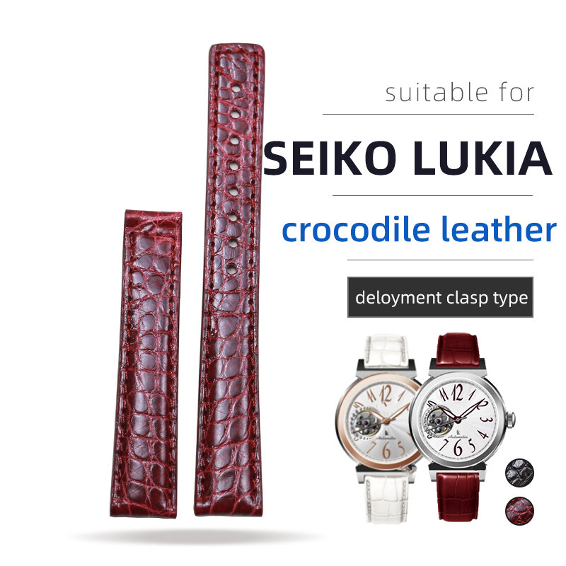 Pesno adequado para seiko lukia couro de crocodilo genuíno pulseira relógio senhora correias accessrioes 15mm marrom escuro vinho tinto