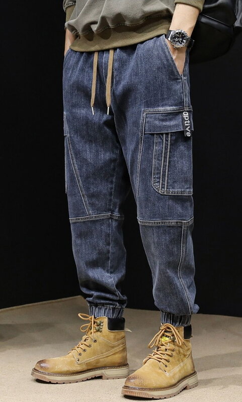 Jeans da uomo primavera autunno con tasche Multiple, pantaloni larghi affusolati Harem, pantaloni incrociati elastici in vita da strada