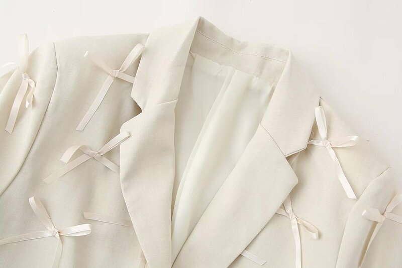Abrigo de traje de una sola botonadura para mujer, abrigo de manga larga con bolsillo, top elegante, informal, suelto, decoración de lazo, retro, nueva moda
