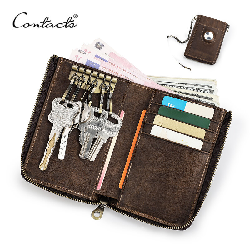 CONTACT'S portafoglio da uomo custodia Airtag RFID portafogli portachiavi piccoli in vera pelle con catena portamonete portamonete con cerniera maschile