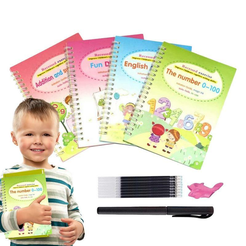 子供のための再利用可能な溝付き練習コピーブック、練習帳、早期教育、ペン制御機能の向上、4個