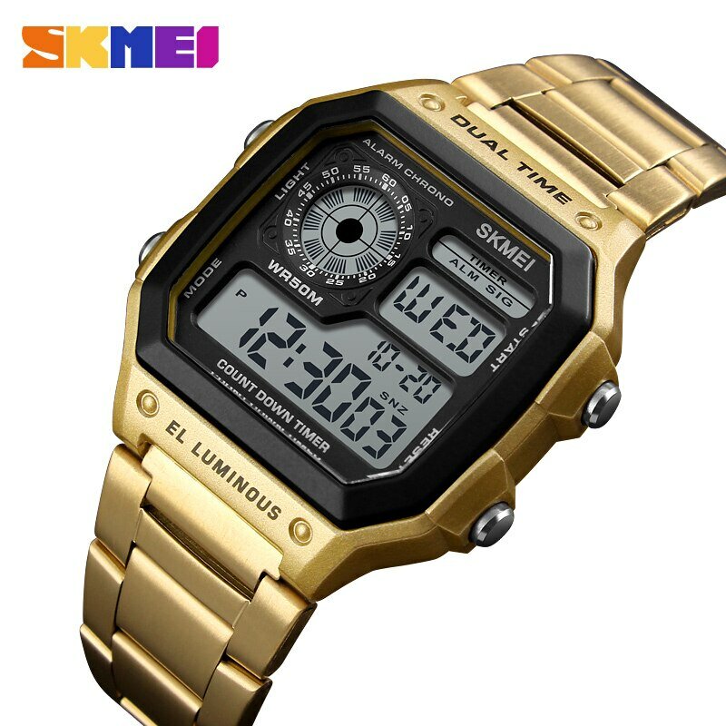 Skmei-Relógio de pulso digital à prova d'água para homens, pulseira de aço inoxidável, relógios esportivos, relógio masculino, 5Bar, Top Luxo