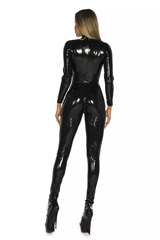 Women's Wet Look Shiny PU Faux Leather Jumpsuit Suit Long Sleeve Zipper Open Crotch Latex Bodysuit Clubwear Plus Size
