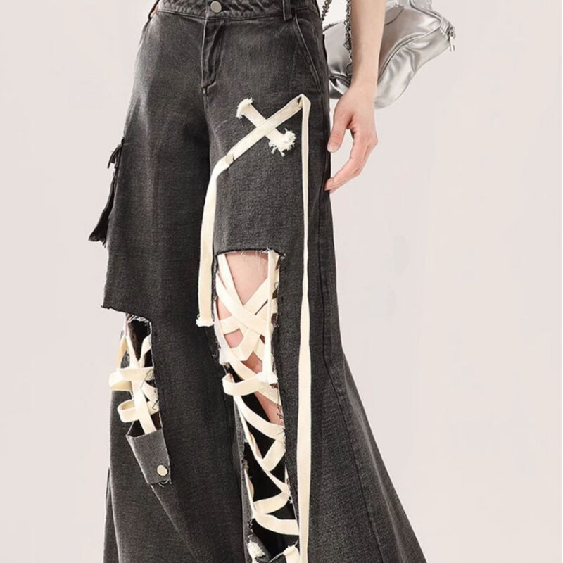 Damskie spodnie z szerokimi nogawkami czarne jeansowe spodnie robocze damskie odzież z paskiem Vintage eleganckie szykowny Design letnie luźne kieszenie
