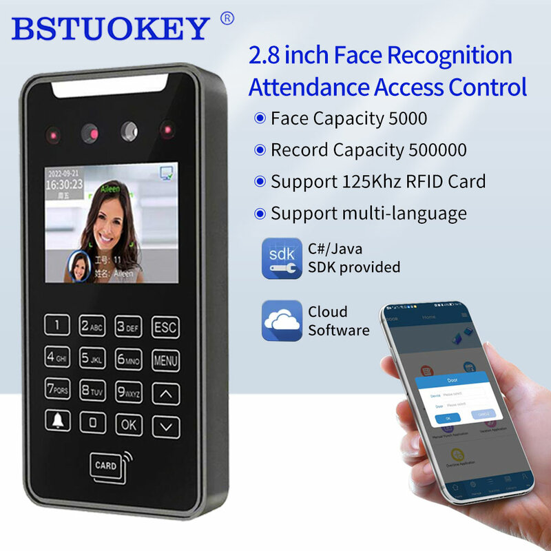 2MP HD 2.8inch 5000User Biometric Face Recognition Access Control System TCP IP Wifi Cloud Software SDK Staff Attendance Reader