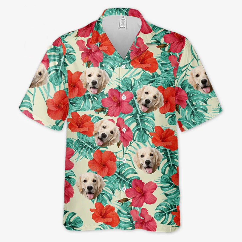 メンズショートビーチシャツ,半袖モデル,花,犬のプリント,特大,休暇,夏のノベルティ