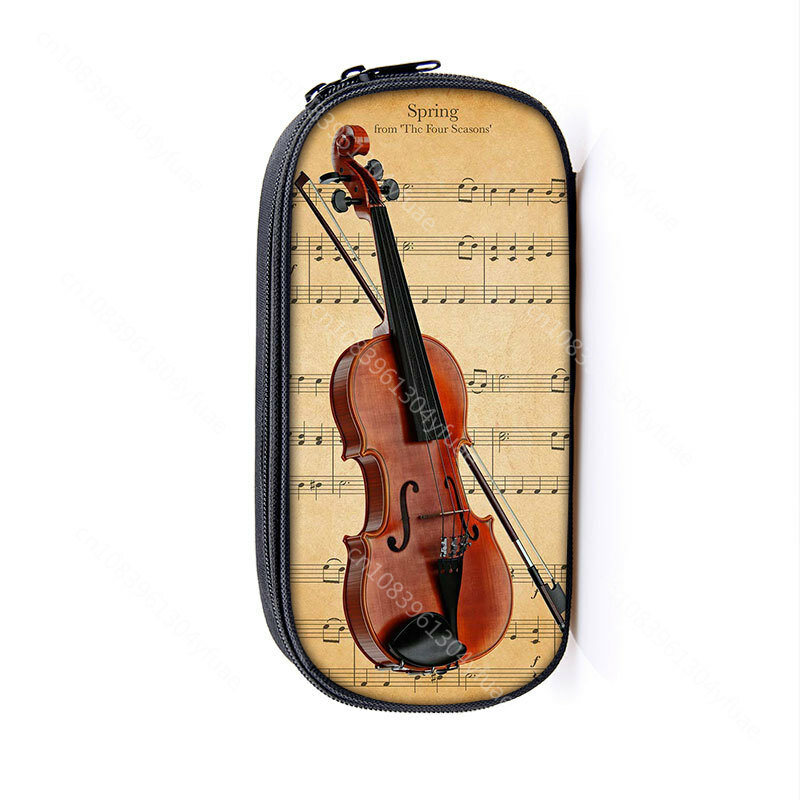 Music Notes Print Cosmetic Case Pencil Bag Guitar Violin Storage Stationary Bag Pencil Box Travel Organizer School Case Supplies