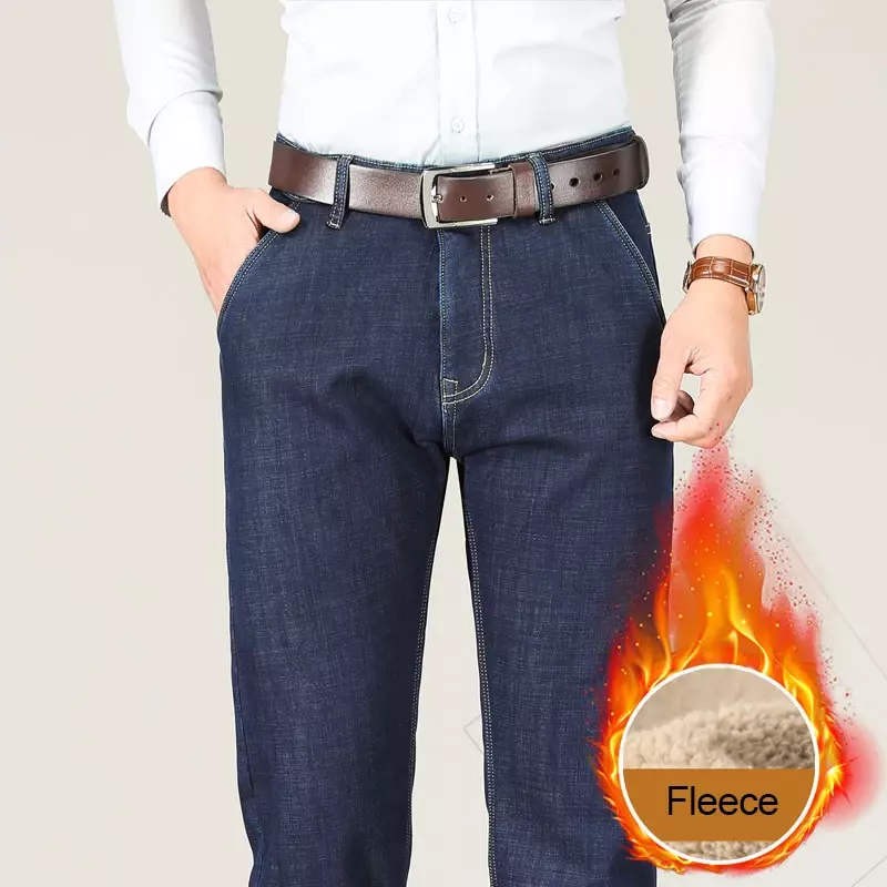 กางเกงยีนส์ขายาวสำหรับผู้ชาย, กางเกงลำลองธุรกิจของคุณพ่อทรงตรงเอวสูงผ้าขนแกะหนาอุ่นสำหรับฤดูหนาว