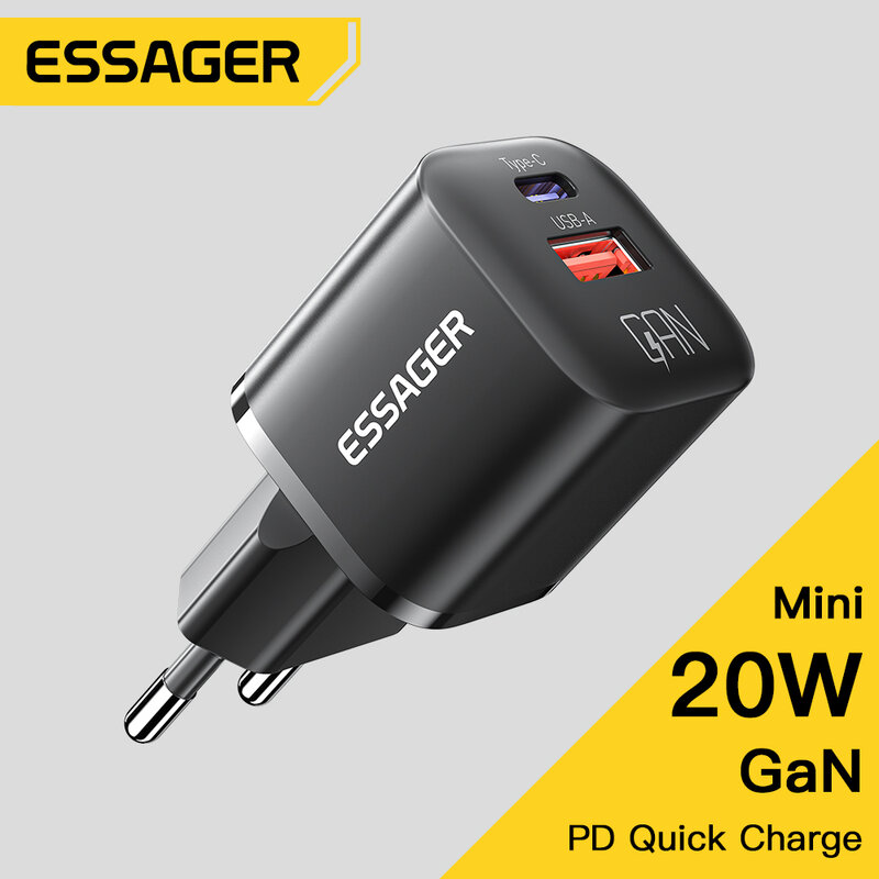 Carregador USB tipo C Essager GaN, carregadores rápidos do telefone para o iPhone 14, 13, 12, 11 Pro Max, Mini, iPad, PD, carga rápida, QC 3.0, 20W