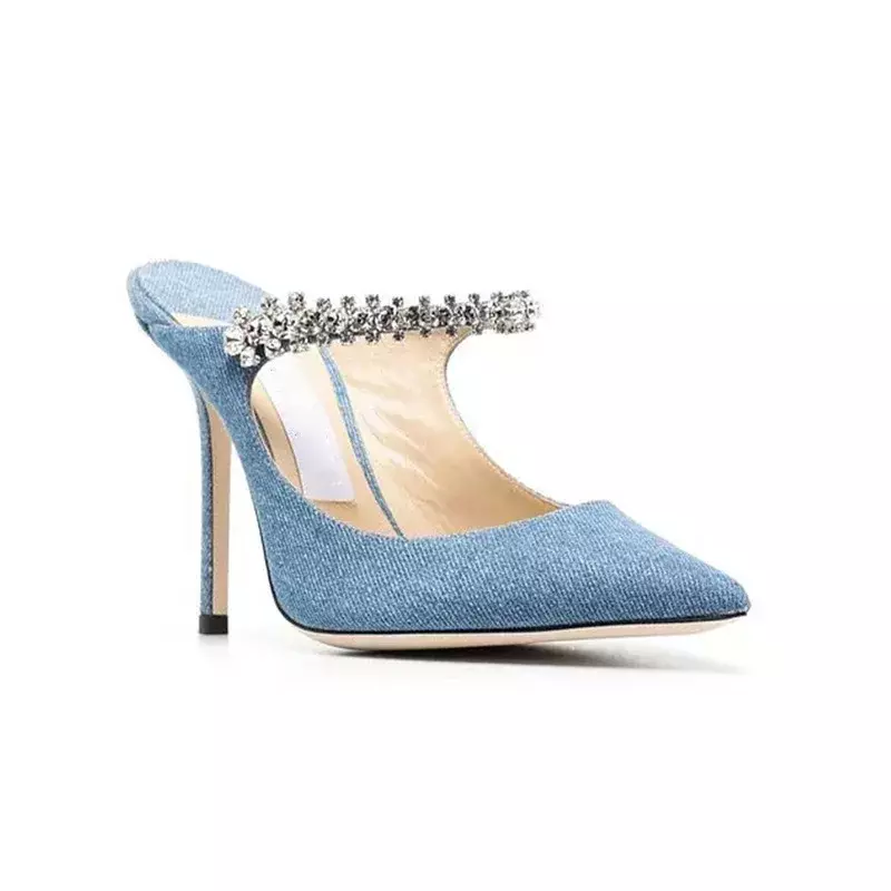Zapatillas de tacón alto puntiagudas con diamantes de imitación Baotou para mujer, novedad de verano